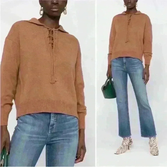 Nili Lotan Gloria Collared Lace Up Wool Sweater in Cognac brown Size Medium - Picture 4 of 10